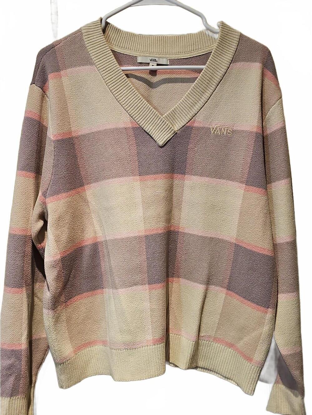 Vans Womens Plaid V-Neck Knit Sweater Pink Cream Grey Size Medium Long Sleeve